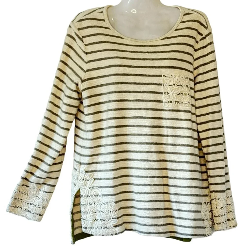 Matilda Jane Classic with a Twist Top Grey and Cream Stripe Lace Trim Drop Cut M